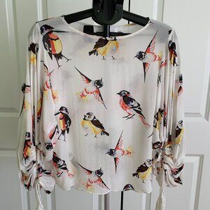 LOVE BINETTI Womens Sz S Geometric bird print Blouse 100% silk